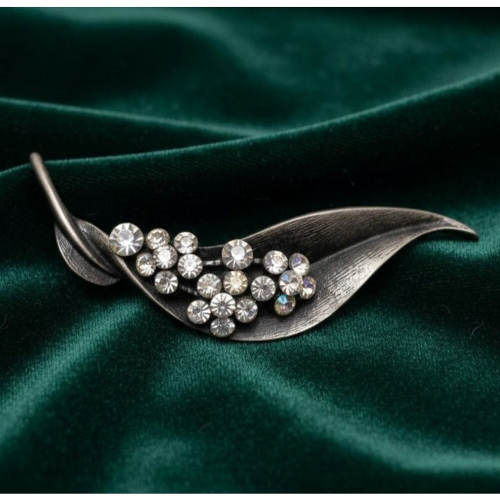 Vintage Rhinestone Leaf Brooch Pewter AB Stones Spring Garden Jewelry